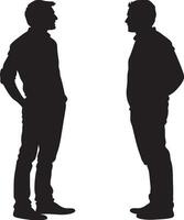 A black image of two men standing and having a discussion. vector