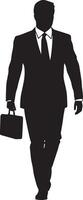 A black image of a man in a suit, confidently walking with a briefcase. vector