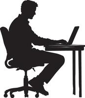 A man sitting at a desk, hands on the keyboard, depicted in a black illustration vector