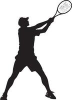 Silhouette of a Tennis Player Full-length black illustration of a man with a racket, arm extended. vector
