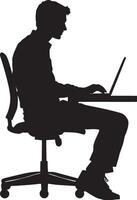 A black image of a man focused on his work, seated at a desk with his hands on the keyboard. vector