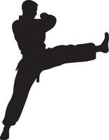 A martial artist with one leg raised in a dynamic kicking pose. vector