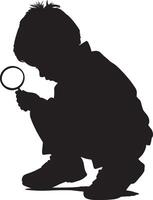 Child with Magnifying Glass Silhouette A black image of a child crouching and examining an object with a magnifying glass. vector