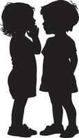 Whispering to a Friend Silhouette A black image of a child leaning in to whisper, hand cupped near the ear of another. vector