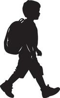 Full-length silhouette of a kid heading forward with a backpack, ready for the journey. vector
