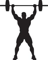 Illustration of Weightlifting Silhouette of a man performing a bicep curl or pressing a barbell overhead. vector