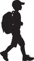 A black image of a child walking with a backpack, prepared for an adventure. vector