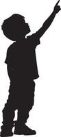 A black image of a child with one arm stretched toward the sky, looking up. vector
