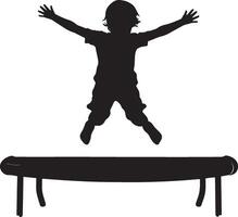 Silhouette of a Child Jumping on a Trampoline Full-length black illustration of a kid mid-air with arms spread wide. vector