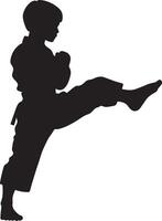 Karate Kick Silhouette A black image of a child in a martial arts stance, executing a high kick. vector