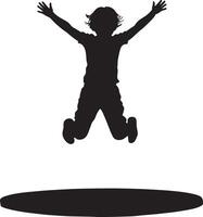 Child in Mid-Jump on Trampoline Silhouette A black image of a child with arms outstretched, jumping on a trampoline. vector