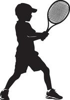 Tennis Swing Silhouette A black image of a child preparing to hit a ball with a racket. vector