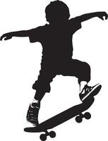 Skater Kid Silhouette A black image of a child riding a skateboard, maintaining balance while moving. vector