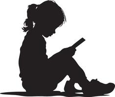 Silhouette of a Child Writing in a Notebook Full-length black illustration of a kid sitting, pencil in hand, head tilted down. vector