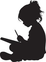 Child Taking Notes Silhouette A black image of a child seated, focused on writing in a notebook. vector