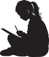 Illustration of a Child Writing Silhouette of a kid holding a pencil, head down, concentrating on a notebook. vector