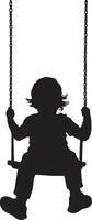Kid on a Swing Silhouette A black image of a child in motion, holding onto the swings ropes. vector