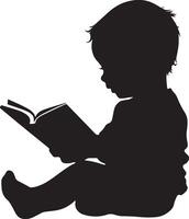 Baby Reading a Book Silhouette A black image of a baby sitting, looking down at an open book while holding it. vector