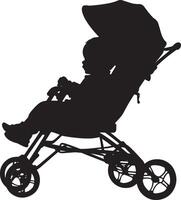 Silhouette of a Baby in a Stroller Full-length black illustration of a seated baby in a carriage, looking around. vector