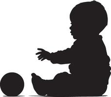 Baby Rolling a Ball Silhouette A black image of a baby sitting, pushing a ball with both hands. vector
