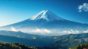 Majestic Mountain Peak with Snow Capped Summit Overlooking Green Forest and Blue Skies in Japanese Wilderness photo