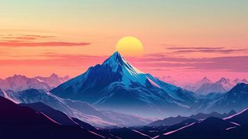 Pixel Art Mountain Landscape at Sunset with Snowy Peaks and Colorful Sky Pixelated Digital Artwork photo