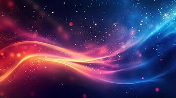 Abstract Cosmic Background with Glowing Red and Blue Energy Waves and Glittering Star Dust photo