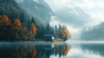 Scenic Autumn Mountain Lake Landscape with Forest Trees Reflection and Mist in Calm Weather photo