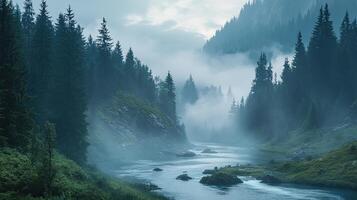 Misty River Flows Through Evergreen Forest in Hilly Landscape Under Overcast Sky with Rolling Fog photo