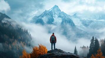 Man with Backpack Contemplates Snow Capped Mountain Peaks Surrounded by Cloud Layers During an Outdoor Hike in a Forest photo