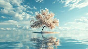 Solitary Tree Blooming on Small Island Reflecting in Calm Water Under a Cloudy Blue Sky photo