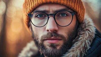 Close Up Portrait of Man with Frosty Beard and Eyeglasses Wearing Orange Beanie and Fur Trimmed Jacket with Bokeh Background photo