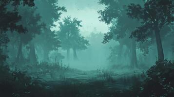 Enchanted Teal Forest Path Digital Pixel Art of a Mysterious Foggy Woodland photo