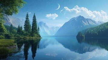 Tranquil Blue Lake Reflecting Mountains Trees and Cloudy Sky in a Pixelated Landscape with Crescent Moon Above photo