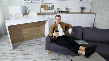 Man using cellphone at home. Young man relaxing on couch at home and using mobile phone video