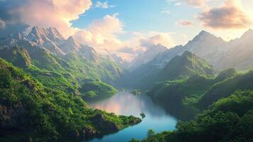 Lush Green Valley with Lake Surrounded by Snowy Mountains Under Bright Sky During Daytime photo