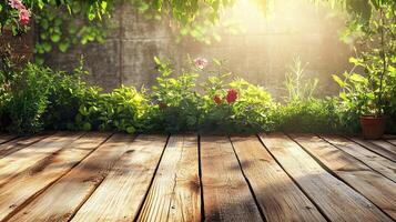 Sunlit Wooden Deck with Blooming Flowers and Green Vines against Stone Wall in a Tranquil Garden Setting photo