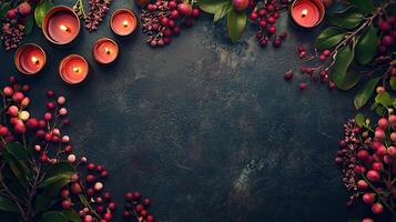 Festive Holiday Arrangement With Red Berries Green Leaves and Burning Candles on a Dark Textured Background photo