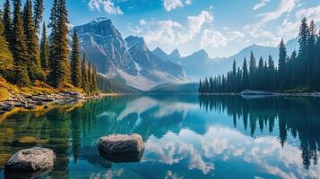Vibrant Lake Reflection of Towering Mountains Surrounded by Evergreen Forest Under a Bright Blue Sky photo