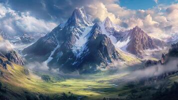 Panoramic Mountain Landscape with Snowy Peaks and Green Valley Under Cloudy Blue Sky During Daytime photo