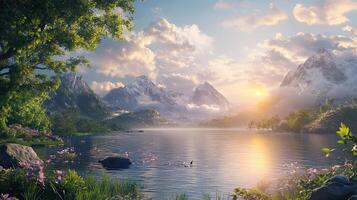 Scenic Lake Surrounded by Mountains with Dramatic Sunset and Reflective Water Surface in Golden Light photo
