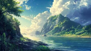 Pixelated River View Among Green Mountains With Blue Sky And White Clouds In Daylight photo
