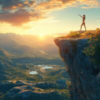 A woman standing on a cliff with her arms outstretched photo