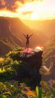 A woman standing on top of a mountain with her arms outstretched photo