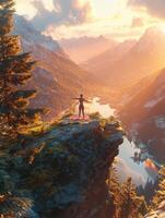 A man standing on top of a mountain overlooking a lake and mountains photo