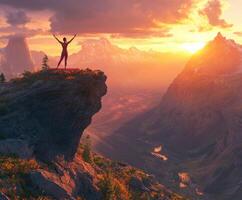 A person standing on top of a mountain with their arms outstretched photo