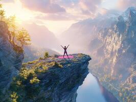 Woman standing on top of a mountain with her arms raised photo