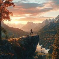 Man standing on top of a mountain at sunset photo