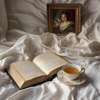 Cozy reading nook with tea and a painting in soft light photo