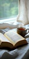 Cozy reading nook with a steaming cup of tea and book photo